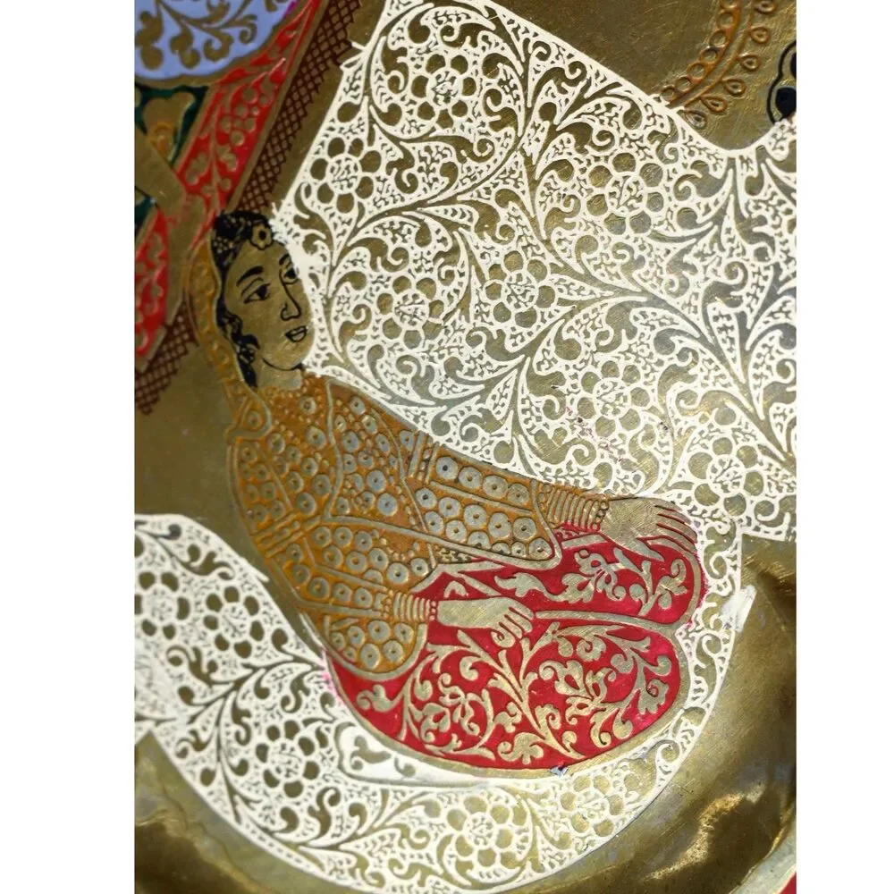Vintage India Brass Art Plate - Royalty on Elephant & Peacock Scene - 14.25